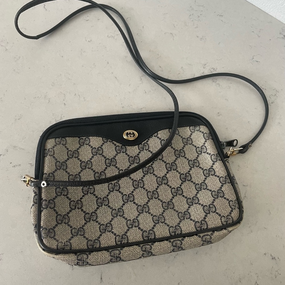 Gucci Cream and Navy Crossbody Bag with Monogram Pattern